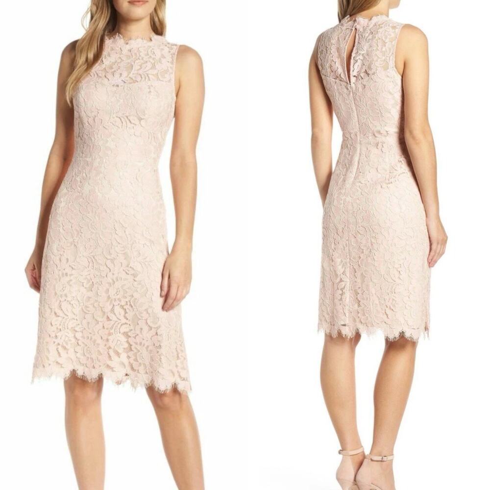 ELIZA J Lace Sheath Dress Blush Pink Peach Sz 8 Feminine Wedding Party Pastel